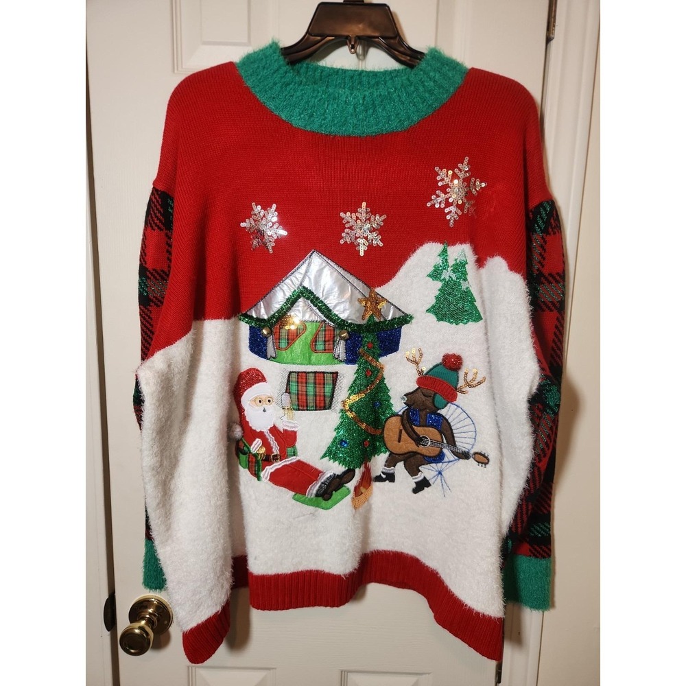 Ugly Christmas Sweater Santa Yurt Camping Fireside Musical Reindeer Unisex Sz 3X